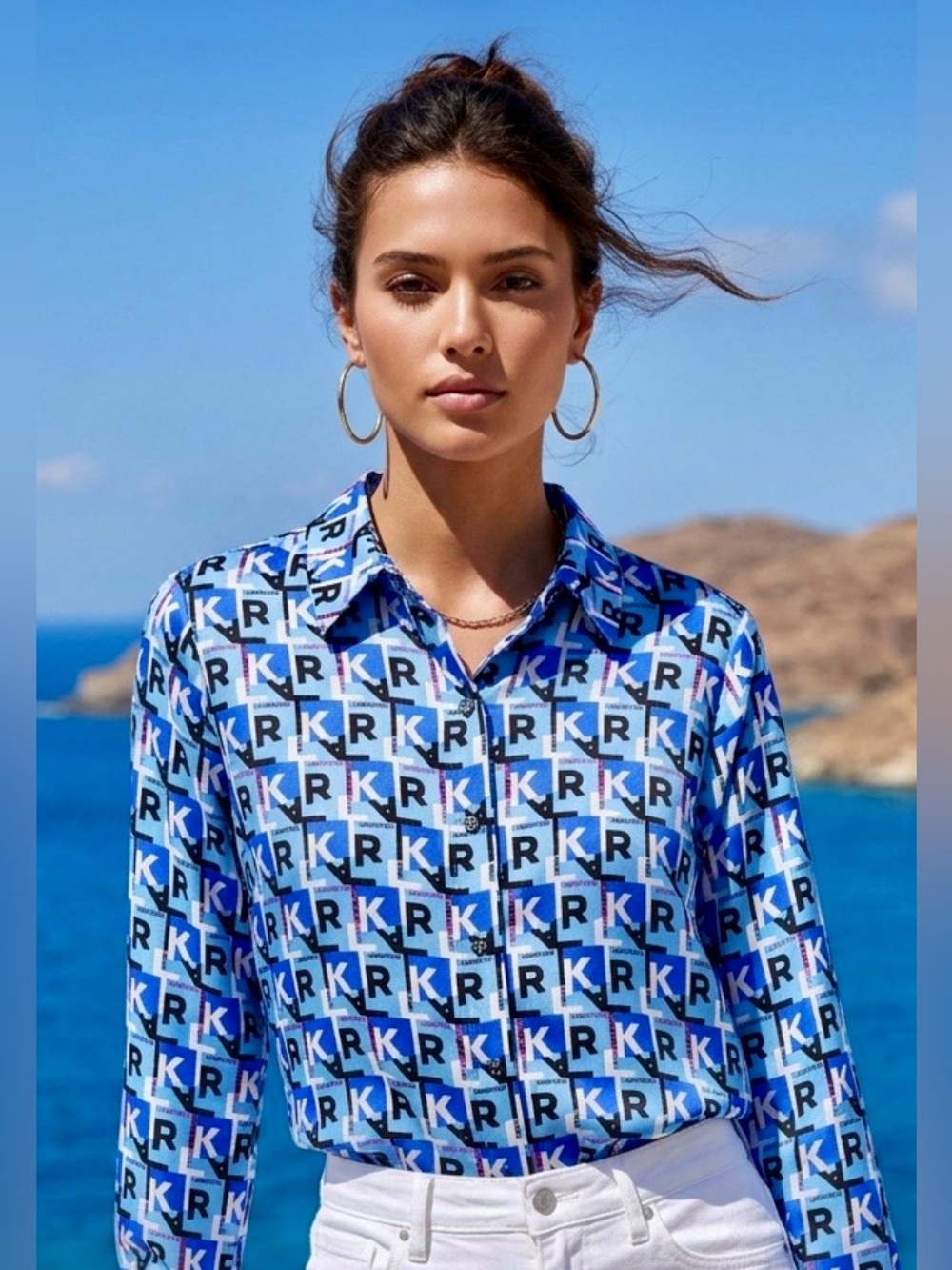 Karl Lagerfeld Blue/White Logo Stacked Print Long Sleeve Button-Down Shirt M,L